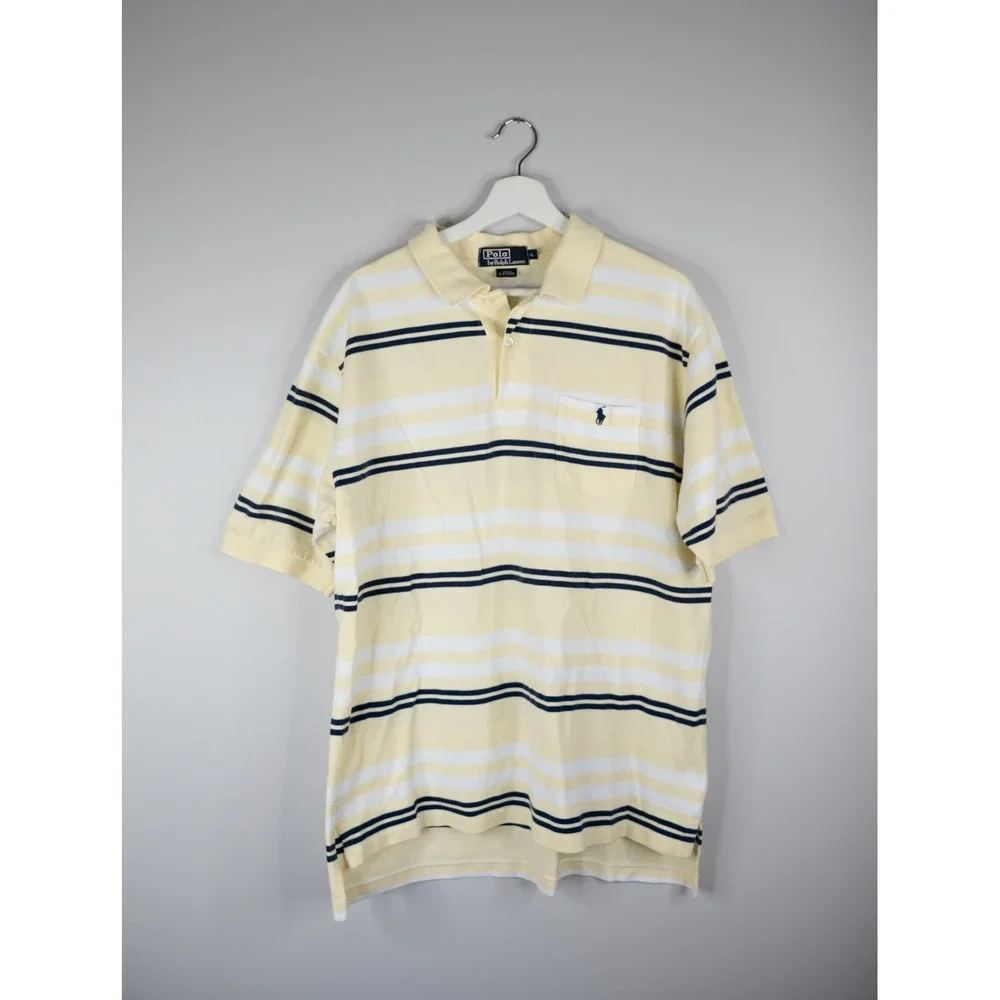 Polo Ralph Lauren Polo Shirt Mens XL Yellow Navy pony Stripe Pocket Short Sleeve
